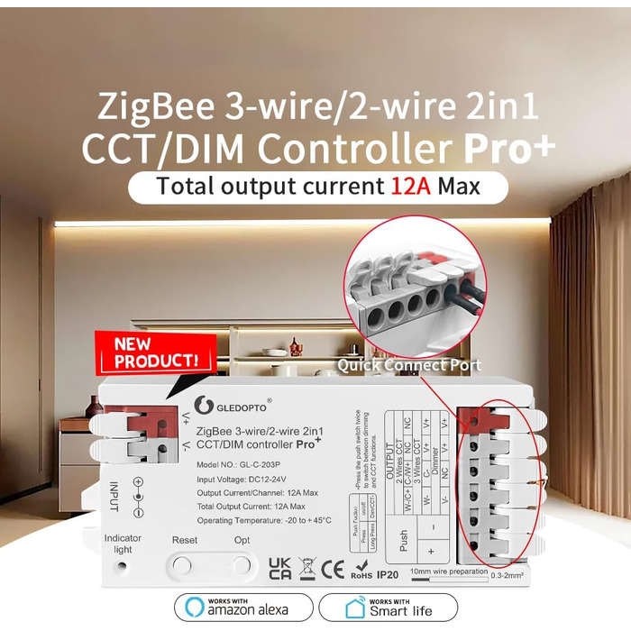 Контролер контролера GLEDOPTO ZigBee для світлодіодної стрічки RGBCCT WRGBWW для 12 В або 24 В протестовано з Philips Hue*, Alexa Echo Plus, Homee (Pro диммер/Cct 2-в-1)