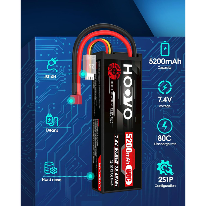 Акумулятор 2S LiPo Акумулятор 7,4V 5200mAh 80C Твердий корпус з Deans Plug Запасна батарея для RC Автомобіль Вантажівка Heli Літак Рок Гусеничний Літак Літак Вертоліт RC Автомобіль Вантажівка Човен (2 Packs)