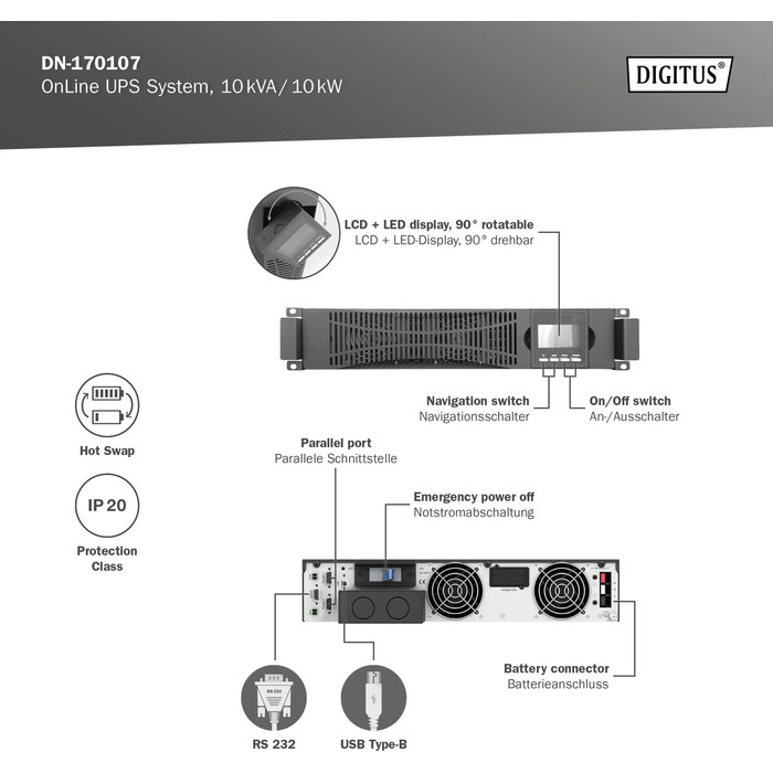 Система безперебійного живлення DIGITUS OnLine - 3 кВА / 3 кВт - 19-дюймовий монтаж 2U - Технологія справжнього подвійного перетворення - Джерело безперебійного живлення - чорний (ДБЖ OnLine, 10 кВА / 10 кВт)
