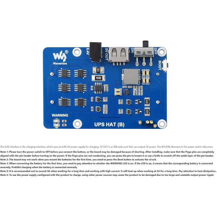 ДБЖ HAT (B) для джерела безперебійного живлення Raspberry Pi зі зв'язком по шині I2C, вихідною напругою 5 В, струмом до 5 А, схемами захисту кількох батарей