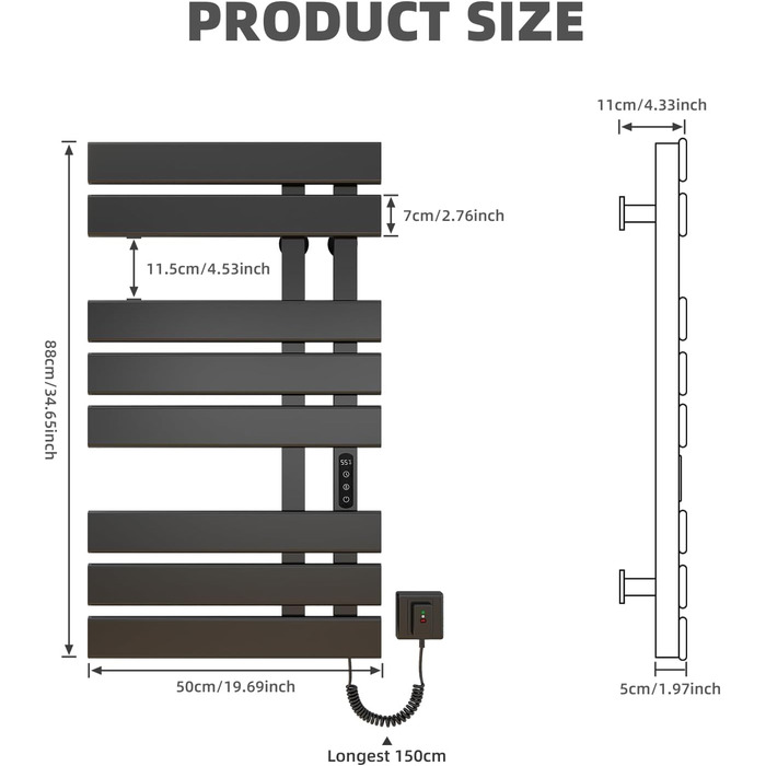 Рушникосушка електрична, Радіатор для ванної кімнати електричний білий, 500880 мм, 300 Вт, Рушникосушка електрична, Радіатор для ванної кімнати, Рушникосушка для ванної кімнати, Енергозберігаючий, IPX5-Чорний Лівий