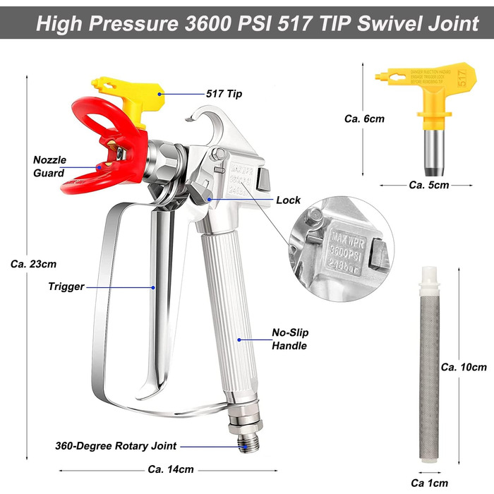 Безповітряний фарборозпилювач фарборозпилювач високого тиску з 517 сопловим гніздом і 6 змінними фільтрами для безповітряного фарборозпилювача для системи безповітряного розпилення фарби безповітряний фарборозпилювач розпилювач фарборозпилювач, 3600 PSI