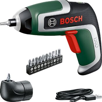 Акумуляторний шуруповерт Bosch IXO 7-го покоління, 3.6 В, 2.0 Агод, 5.5 Нм, комплект з кутовим кріпленням, кабелем micro USB