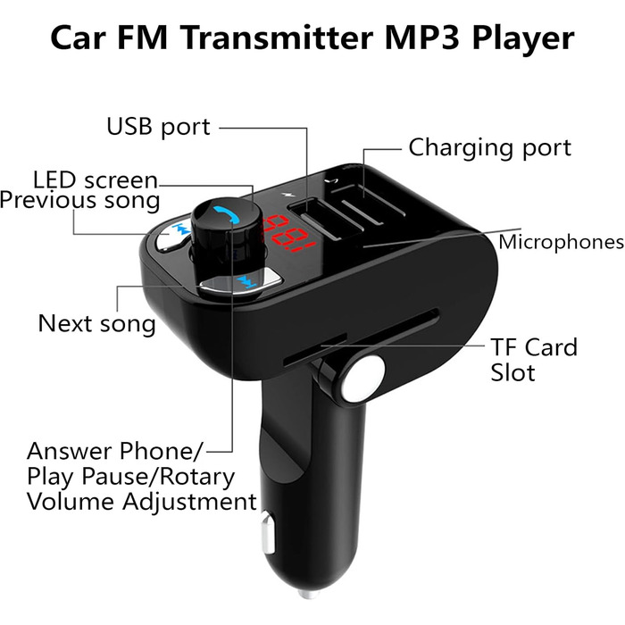 ГГц сумісний з автомобілем FM-передавач Подвійний USB-порт Автомобільний зарядний пристрій Підходить для 12V-24V TRUCK SUV Сумісний FM-передавач Чорний, 2 4