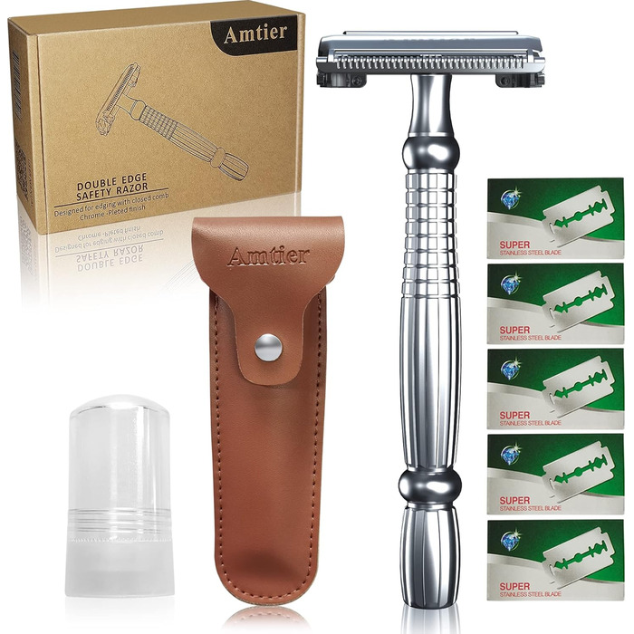 Чоловічий набір Amtier Safety Razor - включаючи 5 японських лез - Гемостатичний галун після гоління - Дорожній чохол для бритви Портативна шкіряна бритва Захисний чохол