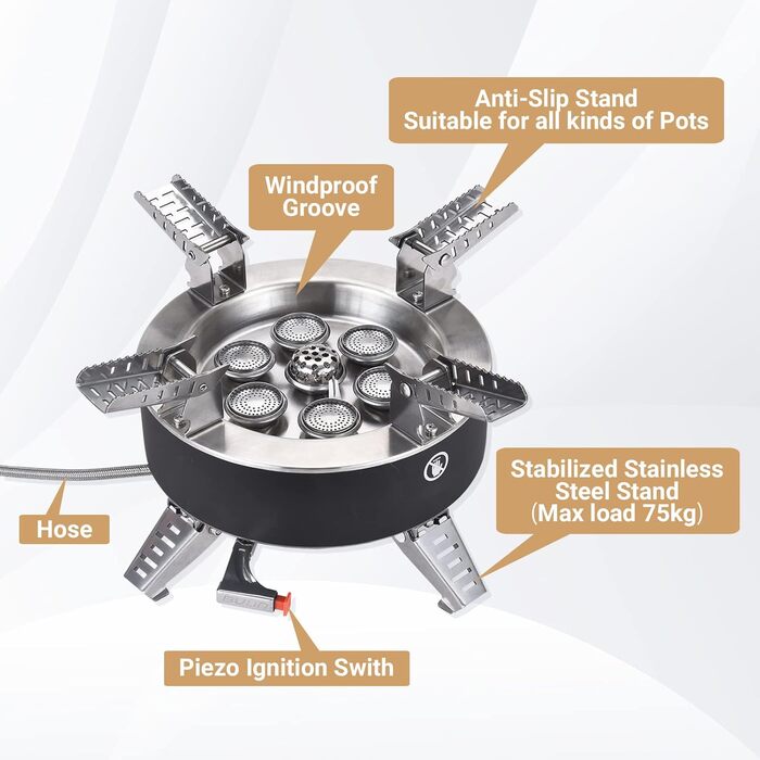 Кемпінг газова плита вітрозахисна газова плита на відкритому повітрі з п'єзо-піччю для кемпінгу складна портативна піч з нержавіючої сталі вантажопідйомністю 75 кг для піших прогулянок пікніків, 18000W