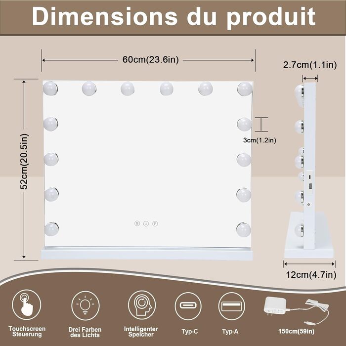 Дзеркало для макіяжу Teousev з підсвічуванням, голлівудське дзеркало 60x52 см з 17 світлодіодними лампочками, дзеркало для макіяжу з регулюванням яскравості 60L x 52B см біле