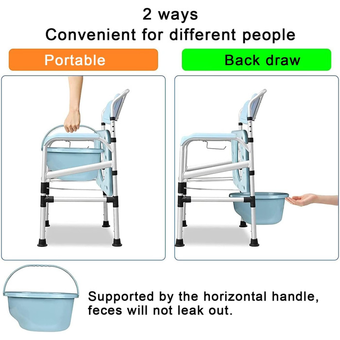 Регульований по висоті туалетний стілець з підлокітником, спинкою та туалетним відром, нековзний, портативний табурет для унітазу, приліжковий туалетний стілець для дорослих з регульованим туалетним стільцем