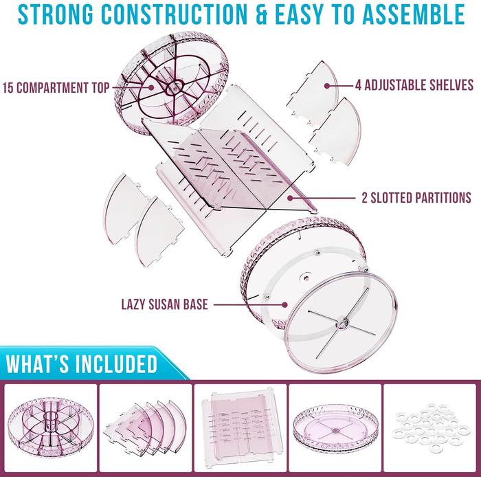 Обертовий органайзер для макіяжу Sorbus, що обертається на 360, регульований, карусель для зберігання косметики, туалетного приладдя та іншого - чудово підходить для туалетного столика, ванної кімнати, спальні, шафи, кухні (фіолетовий) фіолетовий