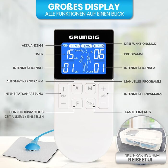 Пристрій для стимуляції болю GRUNDIG Tens - сертифікований медичний пристрій струму стимуляції з 50 програмами та 16 рівнями інтенсивності - Акумуляторний пристрій EMS 3-в1 для розслаблення м'язів (пристрій)