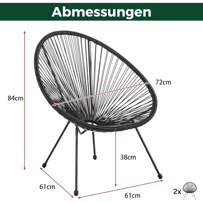 Набір стільців Albatros Acapulco з 2 чорних Садове крісло або балконне крісло в культовому дизайні ергономічне та з можливістю завантаження до 120 кг Крісло для відпочинку на відкритому повітрі або в приміщенні, крісло-крісло, реклайнер