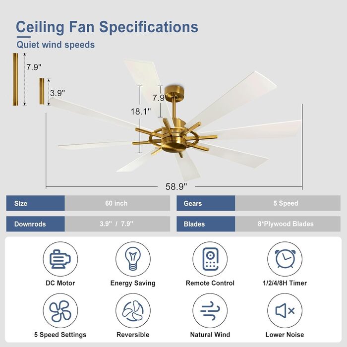 Сучасний стельовий вентилятор Depuley з пультом дистанційного керування, стельовий вентилятор тихий, стельовий вентилятор без світла, швидкість, жовто-бронзовий 8 лопатей, для спальні, кухні, вітальні, балкона (60'', без світло-білого та золотого)