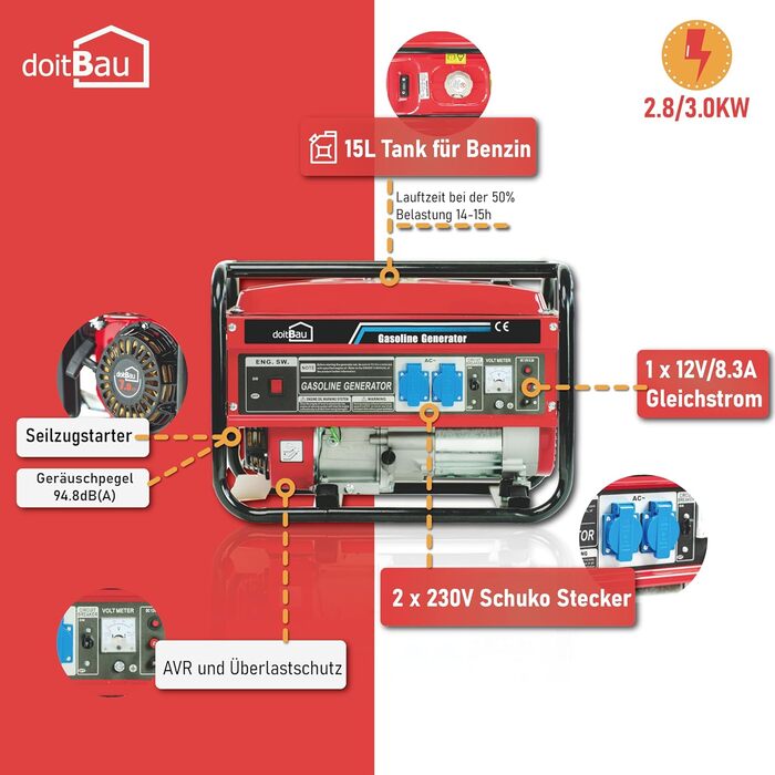 Бензиновий генератор електроенергії doitBau 3000W BS3500 з генератором максимальної потужності 3 кВт і генератором аварійного живлення 7 к.с. 4-тактний стабілізатор напруги та захист від перевантаження з функцією Pull Start