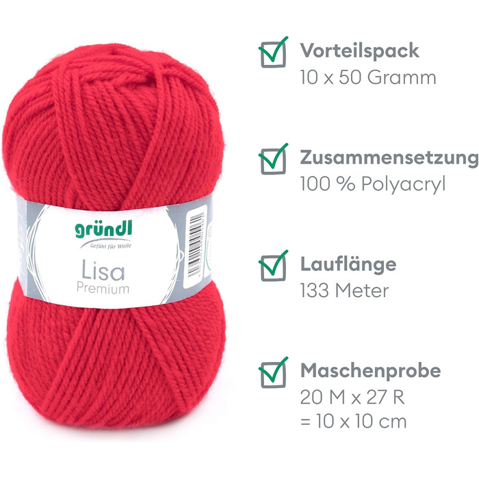 Пряжа Grndl Lisa Premium Uni Knitting & Chet Yarn (м'яка і вовняна характер, проста в догляді миється трикотажна пряжа з 100 поліакрилу, 50 г/ 133 м, розмір голки 3,5 - 4,5, 10 клубків по 50 г кожен), (сигнальний червоний)