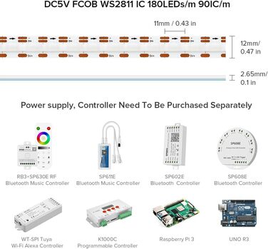 Гнучка світлодіодна стрічка високої щільності COB WS2811 IC LED стрічка 1 м 180 світлодіодів/м 14 Вт/м DC5V IP30 Неводонепроникна кольорова прикраса своїми руками (не контролер вмісту та блок живлення)