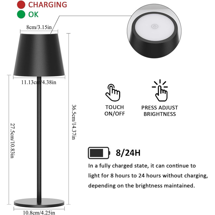 Світлодіодна бездротова настільна лампа з можливістю затемнення бездротова, акумуляторна настільна лампа 3000K/4000K/6000K з трьома колірними температурами з USB-C, водонепроникний IP54, чорний ука-чорний-три колірні температури