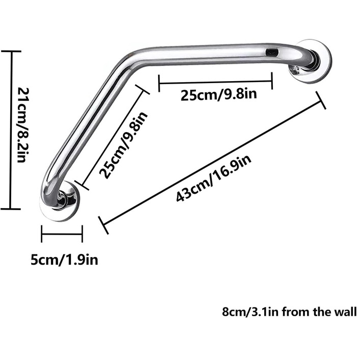 Поручні для літніх людей, кутова душова кабіна з нержавіючої сталі 17 дюймів, поручні для літніх людей, поручні, поручні з нержавіючої сталі (срібло)