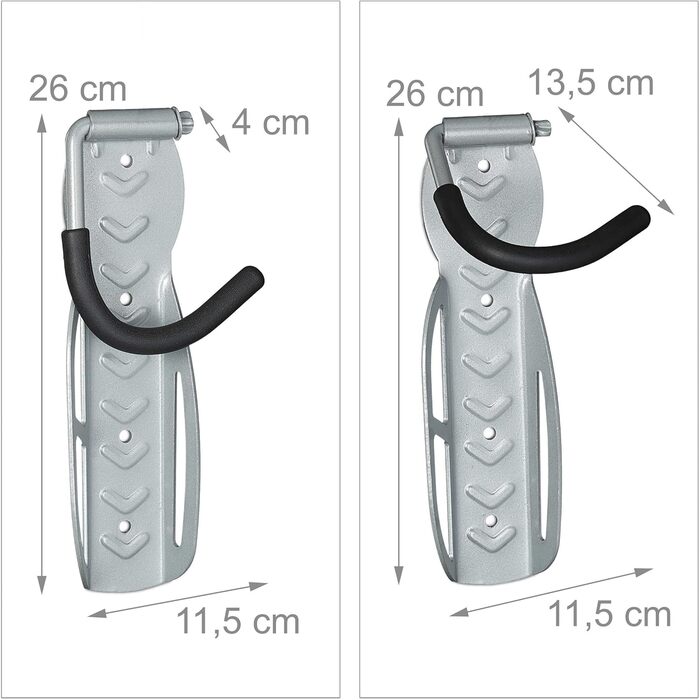 Набір з 4-х настінних кріплень для велосипедів, ВхШхГ 26 x 11,5 x 13,5 см, вантажопідйомність до 25 кг, складні, настінне кріплення для велосипедів, сірий