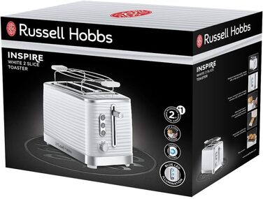 Тостер Russell Hobbs на 2 скибочки Inspire White з високоякісною глянцевою структурою (надзвичайно широкі отвори для тостів, включаючи насадку для булочки, 6 рівнів підрум'янювання функція розморожування та розігріву) 24370-56