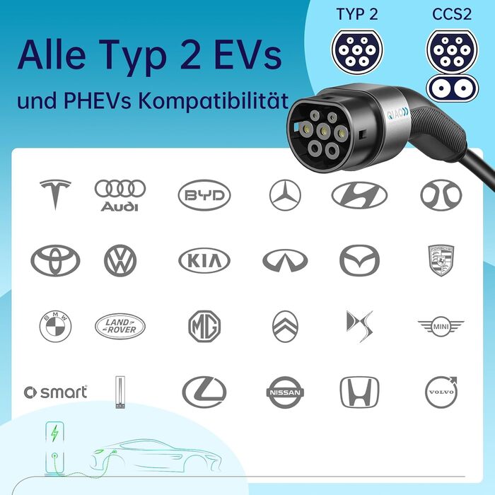 Кабель для заряджання електромобіля QIAO, тип 2, 11 кВт, 5 м, 16 А, 3 фази, IEC 62196, кабель для заряджання електромобіля від типу 2 до типу 2, кабель для швидкого заряджання електромобіля/підключається до мережі з сумкою для транспортування