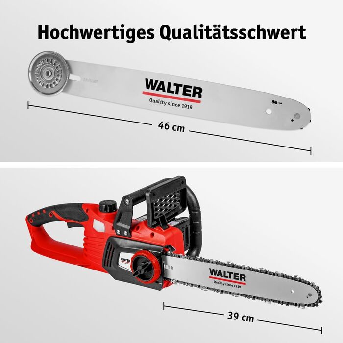 Акумуляторна безщіткова ланцюгова пила WALTER Li-Ion 40 В, швидкість ланцюга 13 м/с, довжина різання 350 мм, потужна продуктивність, легкість у використанні, час роботи близько 30 хв, вкл. напрямну шину, пиляльний ланцюг і 2 акумулятори
