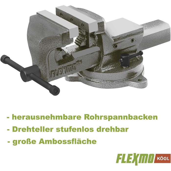 ФЛЕКСМО Професійні лещата 125мм Настільні лещата для верстака Паралельні лещата Обертання на 360 ковані з чавуну в т.ч. затискні губки труб Якість антрациту Kgl Ширина щелепи 125 мм