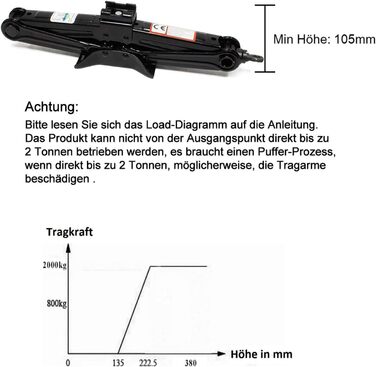 Ножичний домкрат 2T Кривошипний автомобільний домкрат Інструмент для заміни шин Ножичний підйомник позашляховика Мінімальна висота 105 мм Максимальна висота 380 мм (чорний)