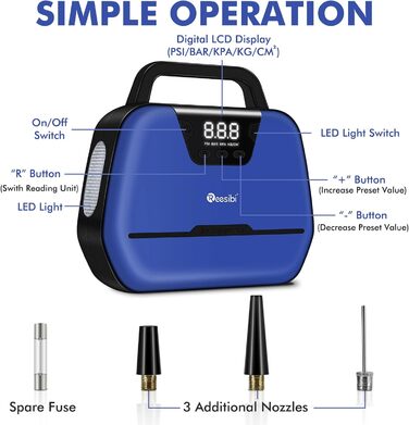Електричний автомобільний повітряний компресор Reesibi 150 фунтів на квадратний дюйм, повітряний насос постійного струму 12 В і змінного струму 230 В зі світлодіодним підсвічуванням, цифровий портативний компресор, для автомобіля, велосипеда, мотоцикла, м