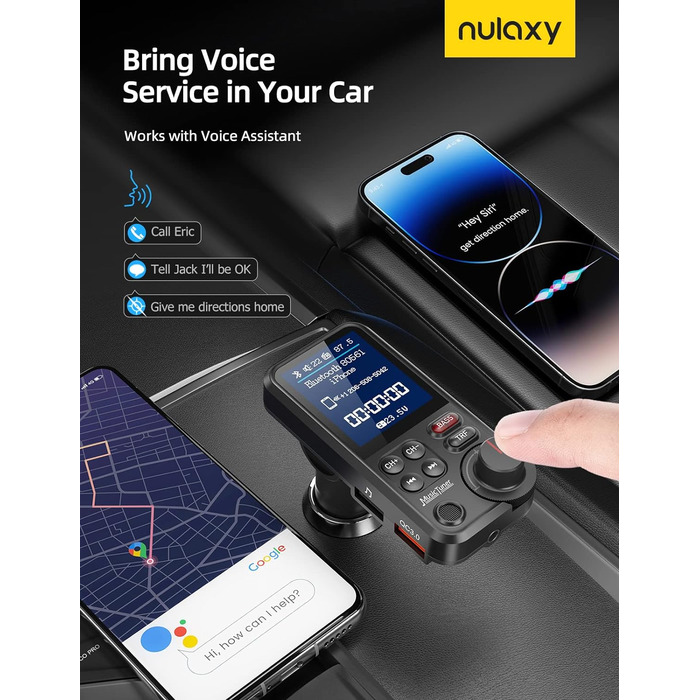 Автомобільний адаптер Bluetooth Nulaxy, потужний мікрофон FM-передавач Автомобільний Bluetooth з 1.8-дюймовим кольоровим екраном для дзвінків у режимі вільні руки, підтримка зарядки QC3.0, музичний програвач високих і низьких частот - KM30 Black