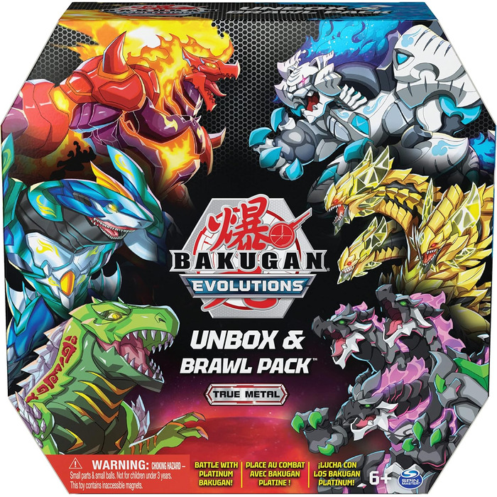 Ексклюзивний набір Storeo Bakugan 'Evolutions UNbox & Brawl 6 з 2 кулями платинової серії (Pyrus Dragonoid, Haos Wrath) та 4 основними кулями (Aquos Sharktar, Ventus Trox, Aurelus Viloch, Darkus Nillious)