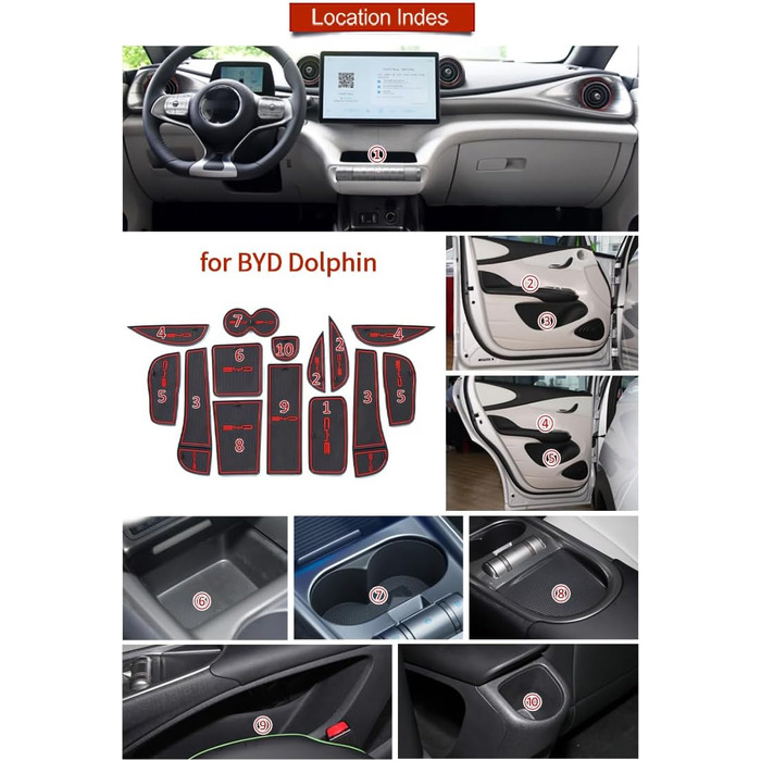 Підходить для BYD BYD Dolphin Premium рифлені килимки, килимок для дверей автомобіля, підстаканник, центральна консоль, салон автомобіля, нековзний гумовий килимок з логотипом, ПВХ (14 шт. /комплект) (червоний) ПВХ червоний