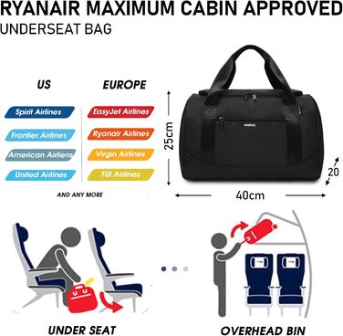 Сумка для ручної поклажі ECOHUB 20 л, для ручної поклажі Ryanair 40x20x25, Складна дорожня сумка для ручної поклажі літака, водовідштовхувальна спортивна сумка мала, сумка вихідного дня чоловіки жінки (чорна)