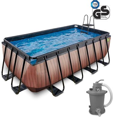 Басейн EXIT Toys Wood Pool - 400x200x122 см - Великий прямокутний каркасний басейн з піщаним фільтруючим насосом - Дуже глибокий басейн - Міцний каркас - Включає сходи для басейну - Унікальний дизайн - Коричневий