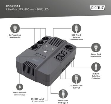 Система безперебійного живлення DIGITUS OnLine - 3 кВА / 3 кВт - 19-дюймовий монтаж 2U - Технологія справжнього подвійного перетворення - джерело безперебійного живлення - чорний (лінійно-інтерактивний моноблок, 800 ВА / 480 Вт)