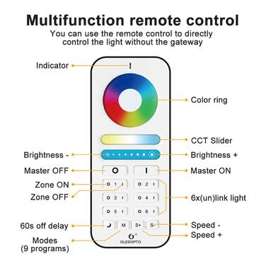 Настінний перемикач пульта дистанційного керування GLEDOPTO RGBCCT 2.4G RF, регульована колірна температура/яскравість, керування групою, нічне освітлення, перемикач 9 режимів (пульт дистанційного керування)
