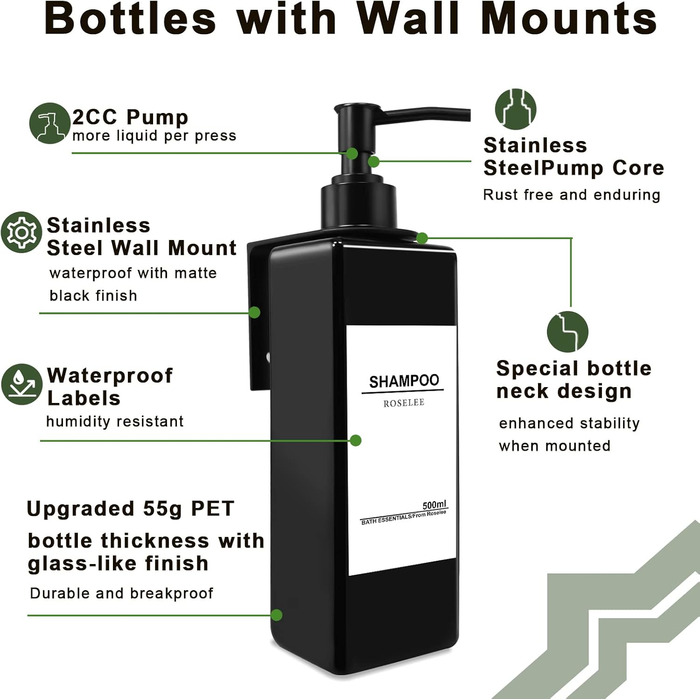 Мильний дозатор настінного кріплення Набір 500 мл мильний дозатор настінний чорний мильний дозатор без свердління пластиковий насосний дозатор з лійкою і водонепроникними етикетками для кухні ванної кімнати чорний 500 мл, 3