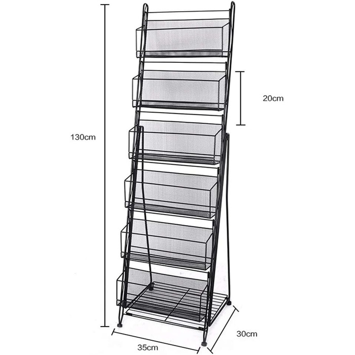 Підлогова стійка для журналів, стійка для журналів, стійка для брошур, стійка для журналів, 6 кишень, підставка, сітчаста полиця, підставка для каталогів, підставка для брошур (чорна) 130x35x30см Чорна