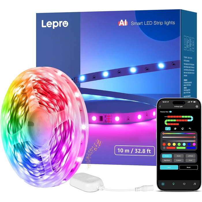 Світлодіодна стрічка Lepro AI S1, MagicColor, 10-метрова розумна світлодіодна стрічка RGB, дизайн світлових ефектів AI, світлодіодний браслет зі штучним інтелектом виразу обличчя, струнні світильники, сумісні з Alexa та Google Assistant, світлодіодна пане