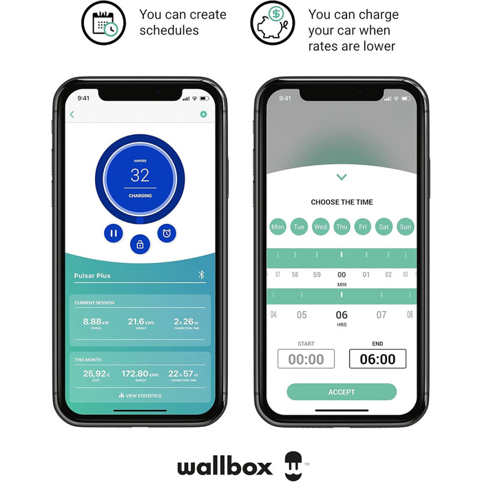 Зарядний пристрій Wallbox Pulsar Plus для електромобілів. З регульованою потужністю до 22 кВт. Зарядний кабель типу 2, сумісний з Wi-Fi і Bluetooth. (Тип 2-7,4 кВт 5 м, чорний)