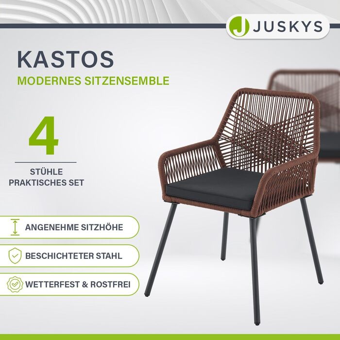 Мотузкові садові стільці Juskys Kastos Set з 4 шт. - Вуличне крісло з підлокітником і подушкою - Садове крісло 150 кг навантаження - Сад Балкон - Стільці коричневі