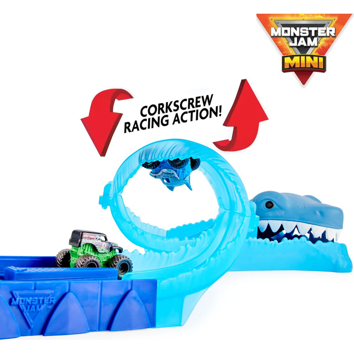 Ігровий набір Monster Jam, Mini Megalodon Race та Chomp з 2 міні-вантажівками у масштабі 187, іграшка-монстр-трак для дітей віком від 3 років і старше