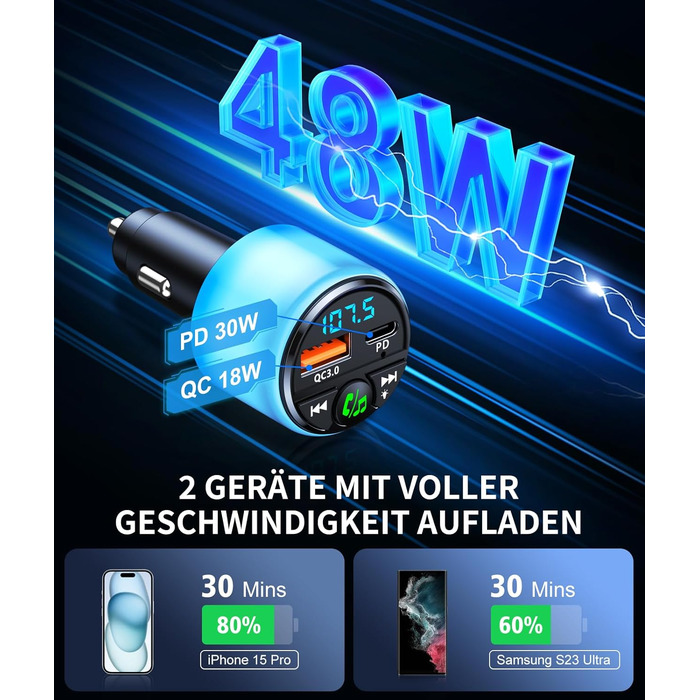 Автомобільний адаптер Mohard Bluetooth, PD 30 Вт і QC3.0 18 Вт FM-передавач Автомобільний Bluetooth 5.3, Всебічне сяйво Гучний зв'язок для автомобіля Bluetooth, двопортовий швидкий зарядний пристрій, Hi-Fi музика