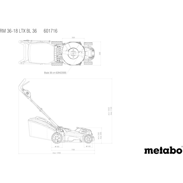 Акумуляторна газонокосарка Metabo RM 36-18 LTX BL 36 - 601716650 - 18 В - Акумуляторна газонокосарка з функцією мульчування - Для садів площею до 350 м - У комплекті 2 акумулятори та зарядні пристрої