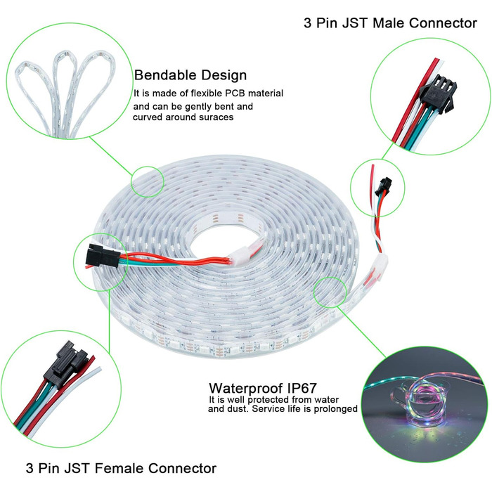 Адресна світлодіодна стрічка 5M 300LED IP67 корпус водонепроникний 5050SMD гнучка біла друкована плата RGB світлодіодна стрічка Dream Color Світлодіодна стрічка для домашньої вечірки (контролер і блок живлення не входять в комплект) Біла друкована плата 3