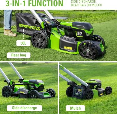 Безщіткова акумуляторна газонокосарка Greenworks Pro 60V 46 см, самохідна, висота зрізу 25-85 мм, складна ручка, вертикальне зберігання, з сумкою 55 л (з акумулятором 4 Ач та зарядним пристроєм)