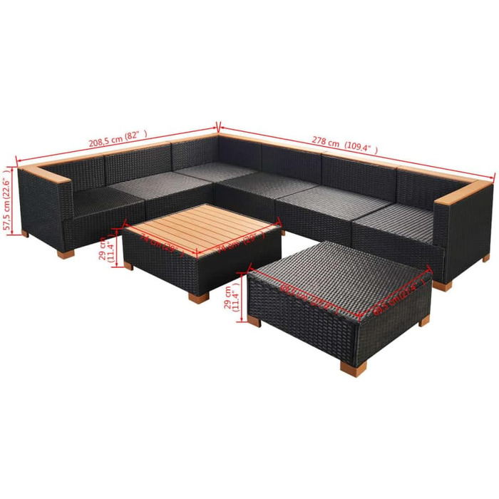 Диван садовий 8 шт. Poly Rattan Black Seating Group Lounge Garden Set Диван 3 шт. кутовий 3 шт. середня частина підставка для ніг стіл