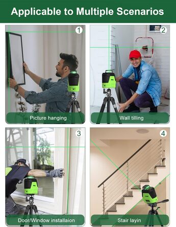 Лазерний нівелір CUSBON, професійний поперечний лазер з горизонтальною лінією 360 градусів (самовирівнювання, зелений лазер, зарядка через USB тип C, адаптер, захисна сумка) для використання в приміщенні та на будівельному майданчику