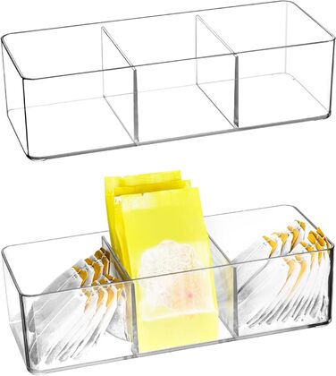 Акрилові чайні пакетики Коробка для зберігання Органайзер для чайних пакетиків, кавових пакетиків, кавових капсул, підсолоджувачів, цукру та іншого (3 відділення), 2 шт.