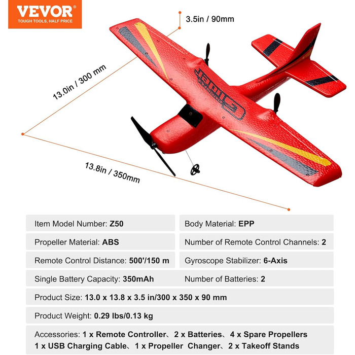 Літак VEVOR RC, 2.4 ГГц 2-канальний літак на дистанційному управлінні з 6-осьовим гіростабілізатором, готова до польоту іграшка-літак з 2 батарейками, планер на радіокеруванні для дітей, початківців, червоний