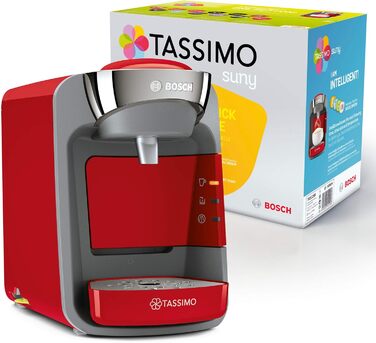 Капсульна машина Tassimo Suny TAS3208 кавоварка від Bosch, понад 70 напоїв, повністю автоматична, підходить для всіх чашок, майже без часу нагрівання, 1300 Вт, червоний/антрацит